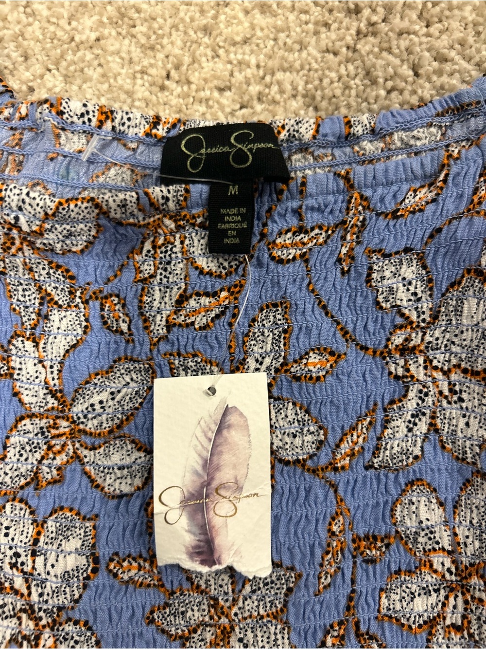 Jessica Simpson Blue Floral Puff Sleeve Peasant Top - Picture 2 of 2